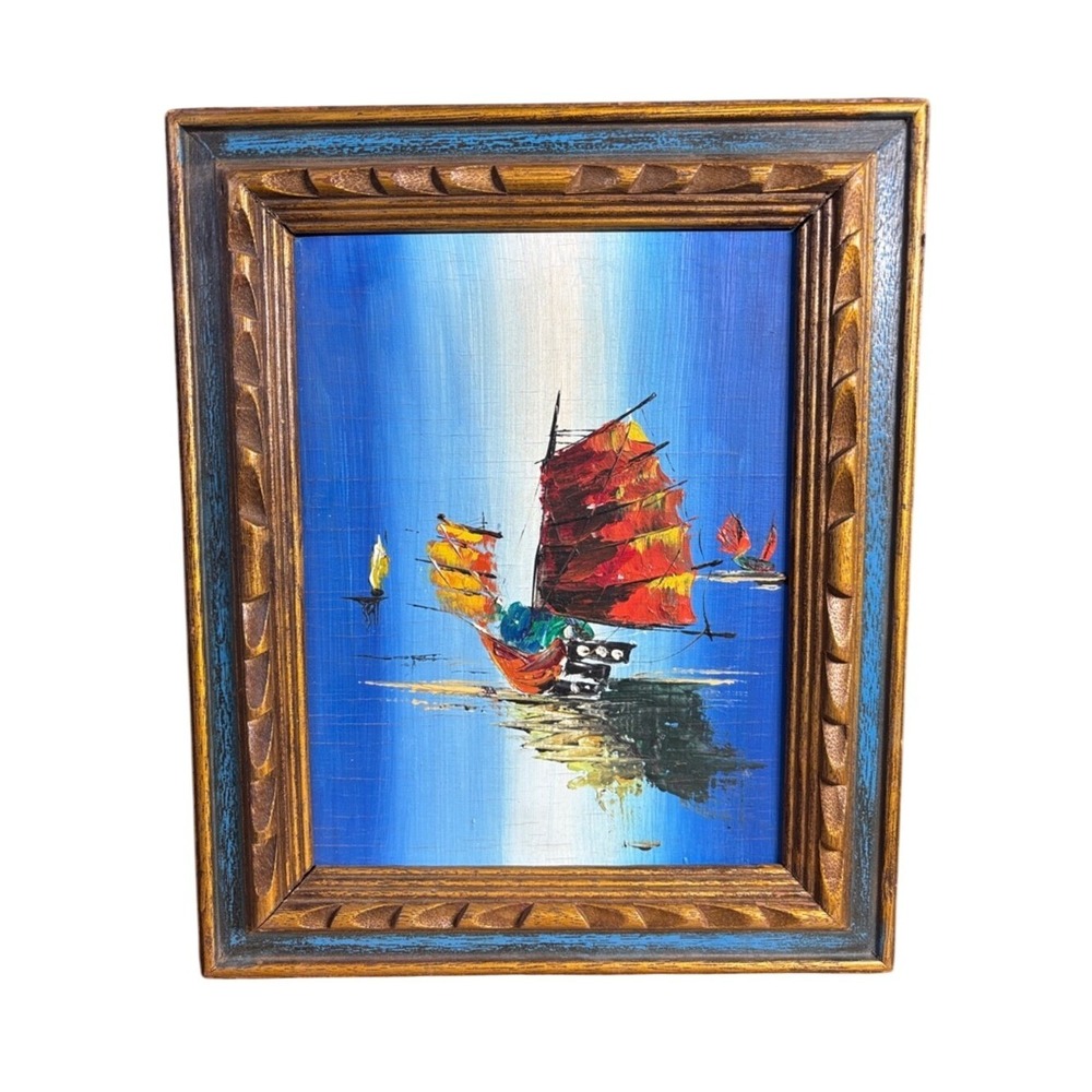 Chinese Junk Ship Boat Oil Painting Harbor Impressionist Gold Gift MCM 12"